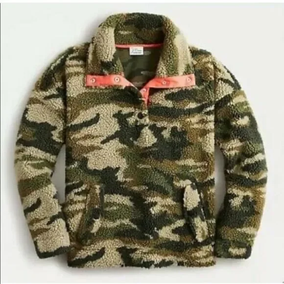 Jcrew Vintage Camo Sherpa Snap Pullover Button Fleece Jacket xs - Picture 2 of 13